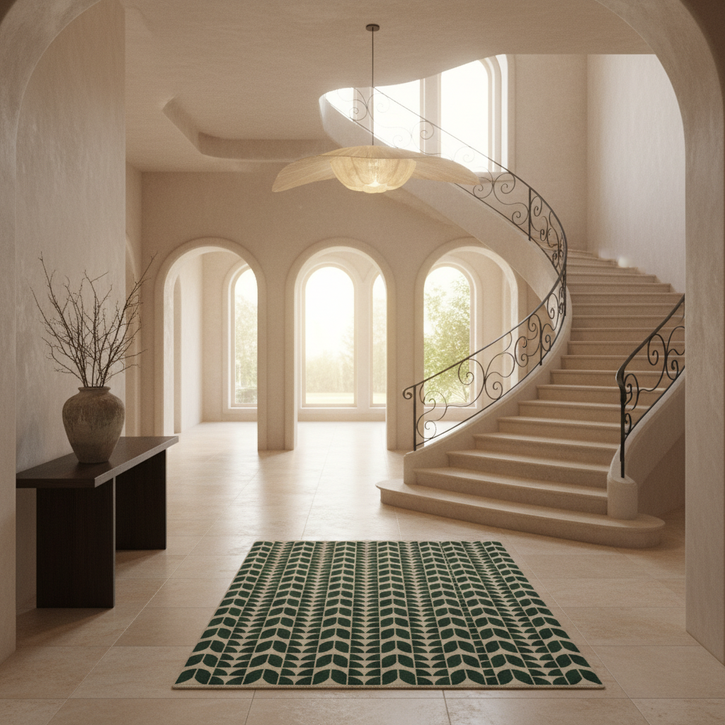 A rectangular area rug with a dark green and cream leaf pattern is displayed on a light beige tiled floor in a grand, sunlit entryway with a sweeping staircase and arched windows in the background.