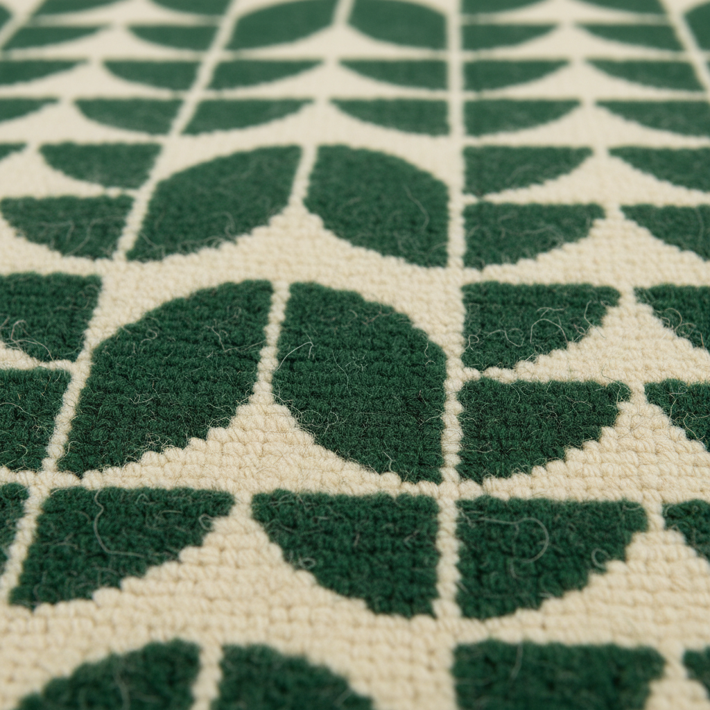 Close-up of a textured rug with a repeating geometric pattern of dark green leaf-like shapes on an off-white background.