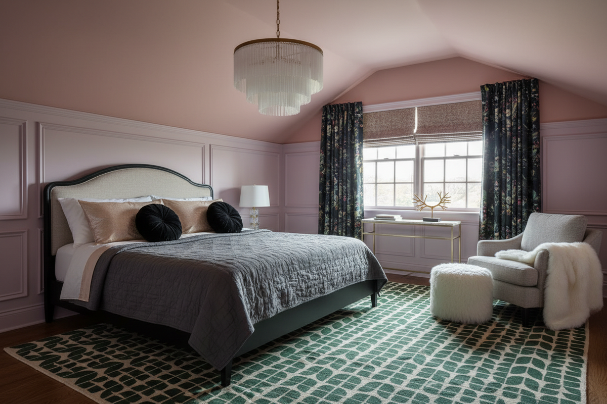 Neatly arranged bedroom with a bed, armchair, and decorative elements.
