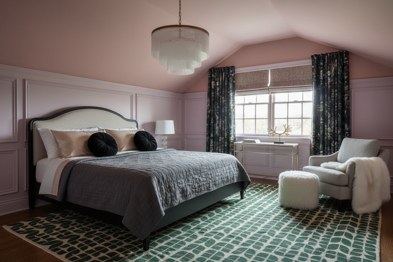 Neatly arranged bedroom with a bed, armchair, and decorative elements.
