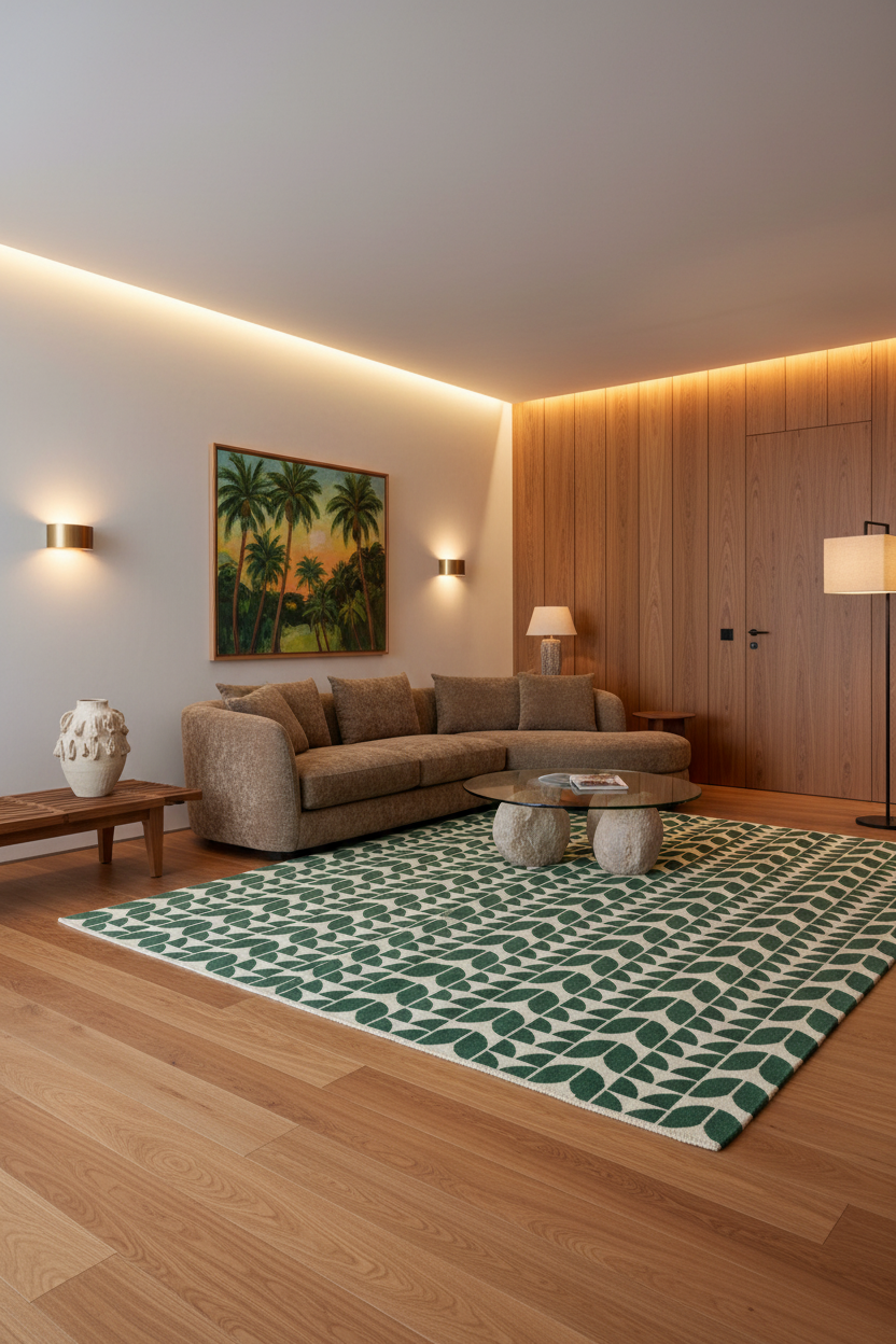 A modern living room featuring a large green and white patterned area rug on a light wood floor, a beige sectional sofa, a glass-top coffee table, and warm ambient lighting from wall sconces and ceiling LED strips.