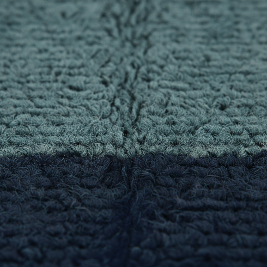 Close-up of a textured, loop-pile fabric or rug in a two-tone color-blocked design, transitioning from a muted slate blue-gray at the top to a deep navy at the bottom.