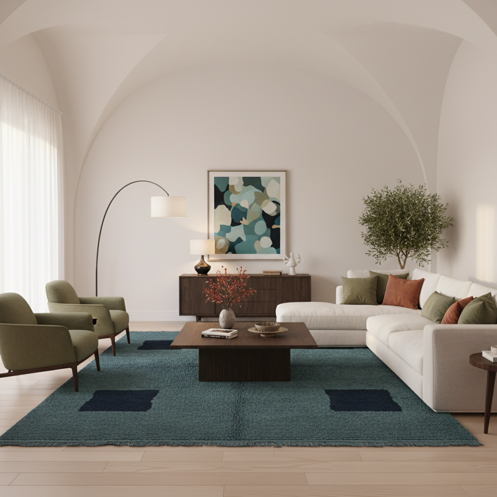 A styled living room interior featuring a large teal blue area rug with dark navy patches, a white sectional sofa, olive green armchairs, a dark wood coffee table, and a modern abstract painting on the wall.