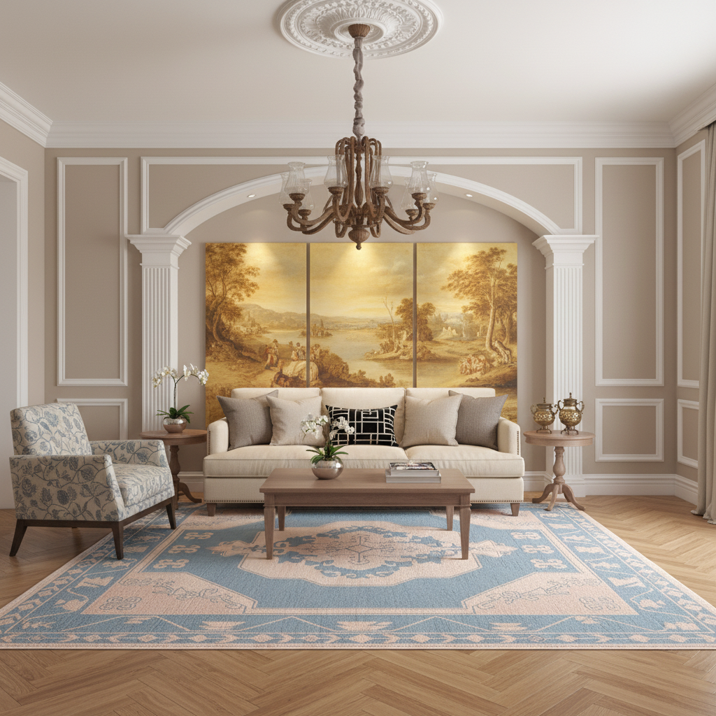 A styled living room featuring a three-panel classical landscape wall art print in warm golden-brown tones, hung above a cream sofa on a light blue patterned rug.