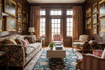 Luxurious living room with floral rug,  furniture, large windows, and framed pictures.