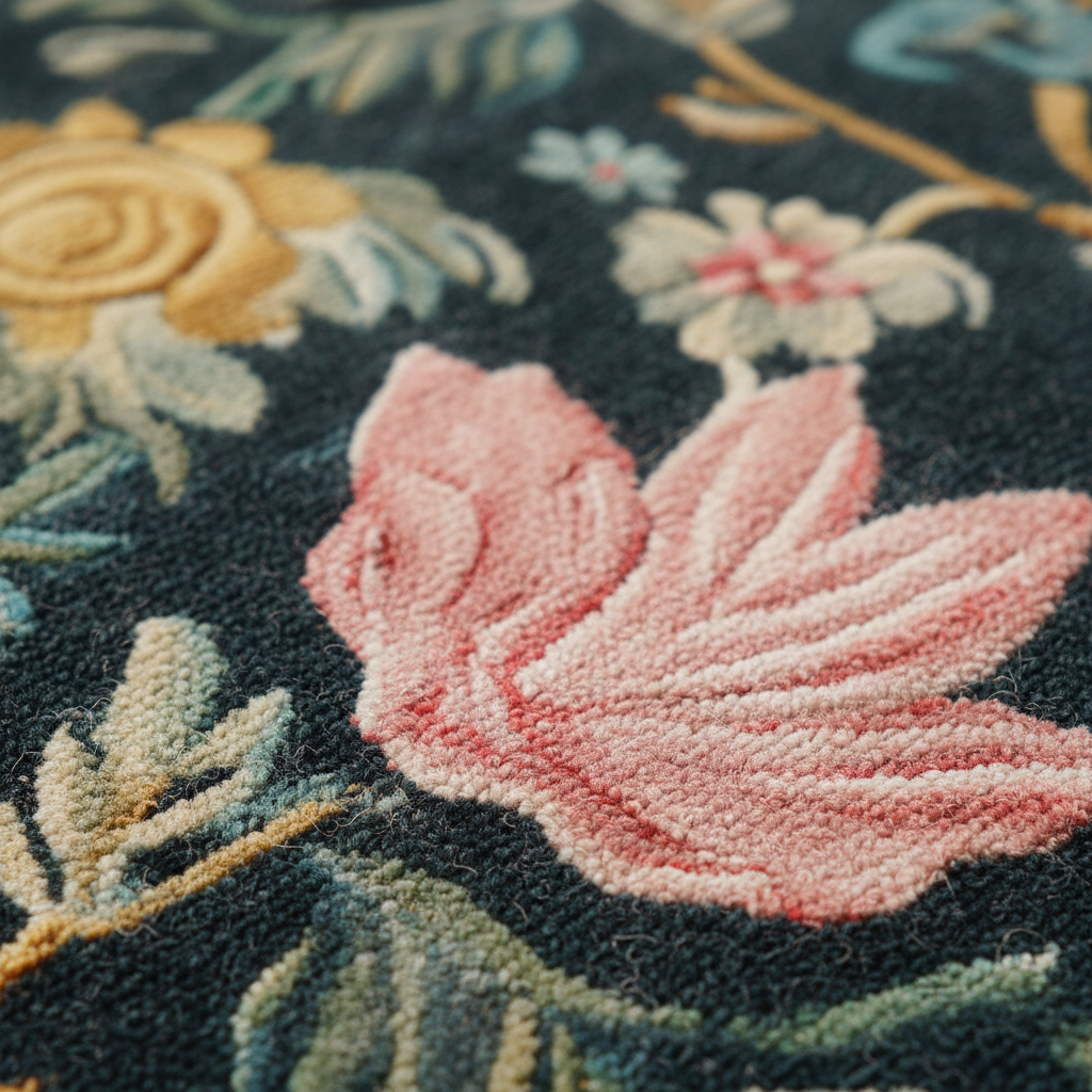 Close-up of a textured floral rug with a prominent pink rose on a dark charcoal background, featuring yellow, green, and light blue botanical details.