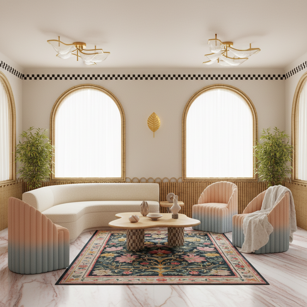 A beautifully styled modern living room featuring a curved cream sofa, two pastel ombre armchairs, a round wooden coffee table, and a colorful patterned area rug. The room has arched windows with gold frames, a checkered border, and gold ceiling lights.