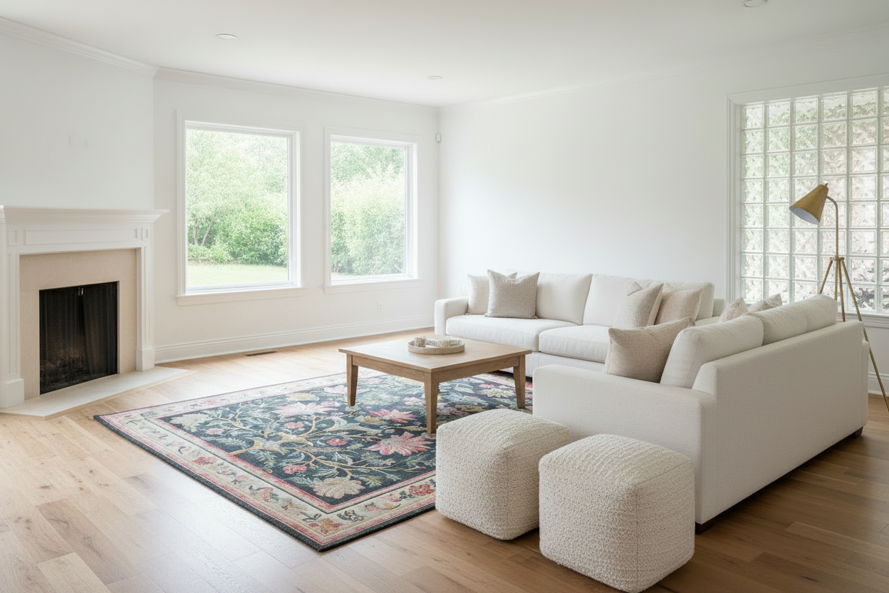 Modern living room with white sofa, coffee table, and rug.