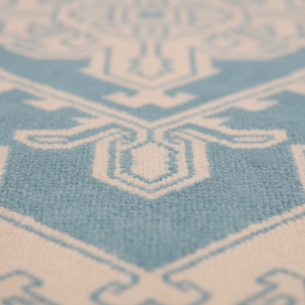 Close-up of a textured rug with a geometric medallion pattern in light blue and cream.