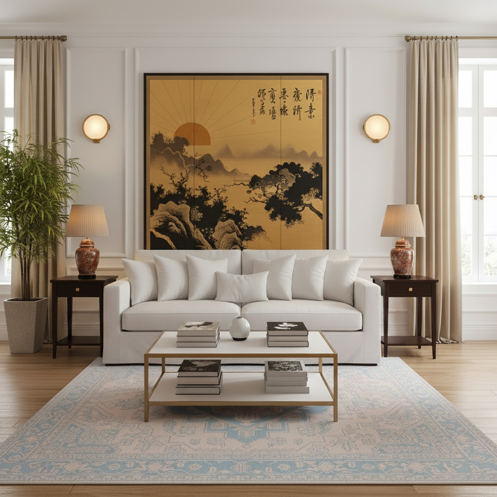 A large framed vertical art print featuring a golden Japanese landscape with mountains, trees, and calligraphy, displayed on a white wall above a white sofa in a modern, well-lit living room.