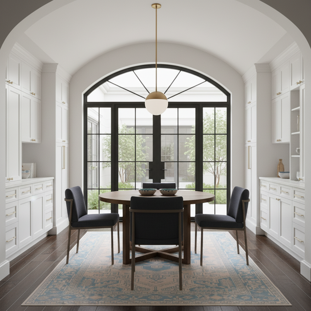 A modern dining room featuring a round wooden dining table with four black upholstered chairs, set on a blue patterned area rug. The room has white cabinetry on both sides, a large black-framed arched window in the back, and a gold pendant light hanging above.