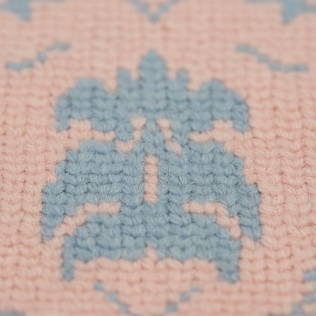 Close-up of a knitted textile with a light blue geometric pattern on a soft pink background.