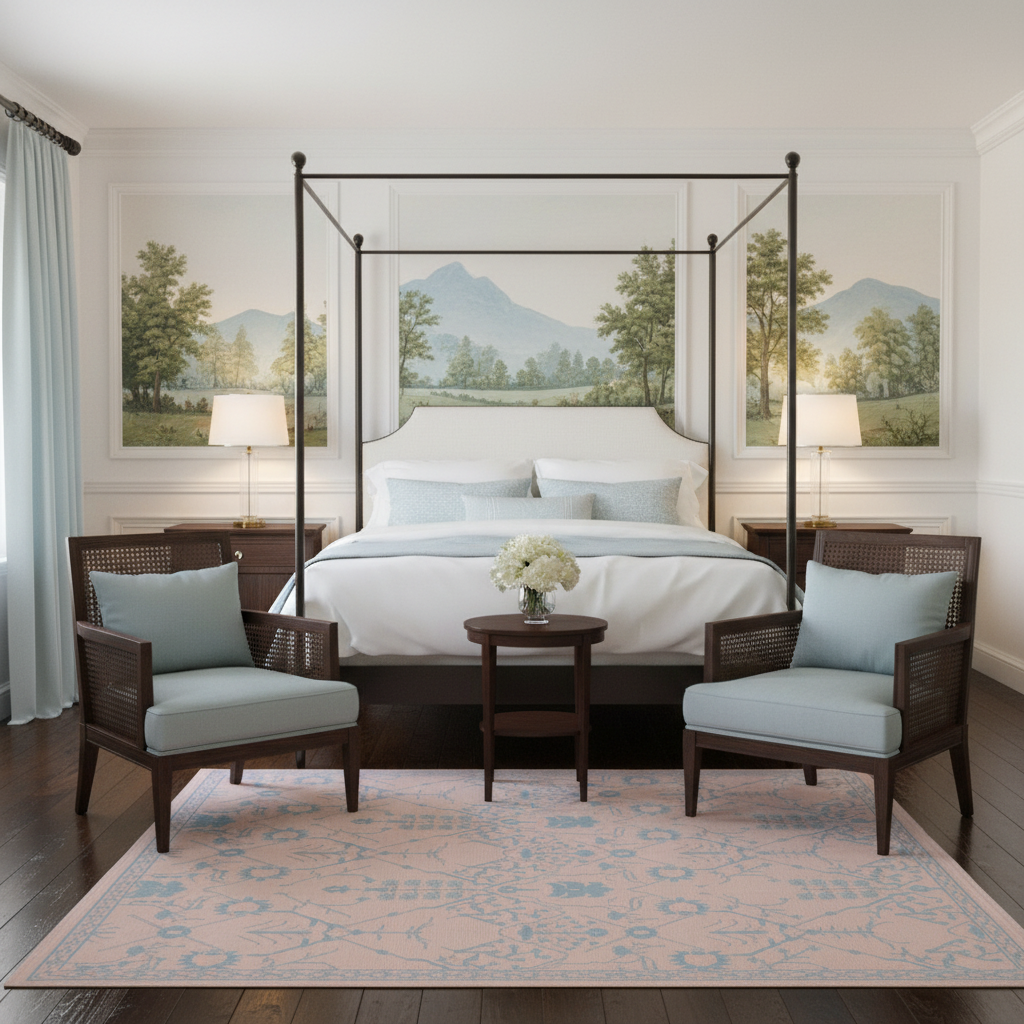 A styled bedroom interior featuring a black four-poster bed with white bedding, two dark wood armchairs with pale blue cushions, a round side table, a pink patterned area rug, and three framed landscape prints above the bed.
