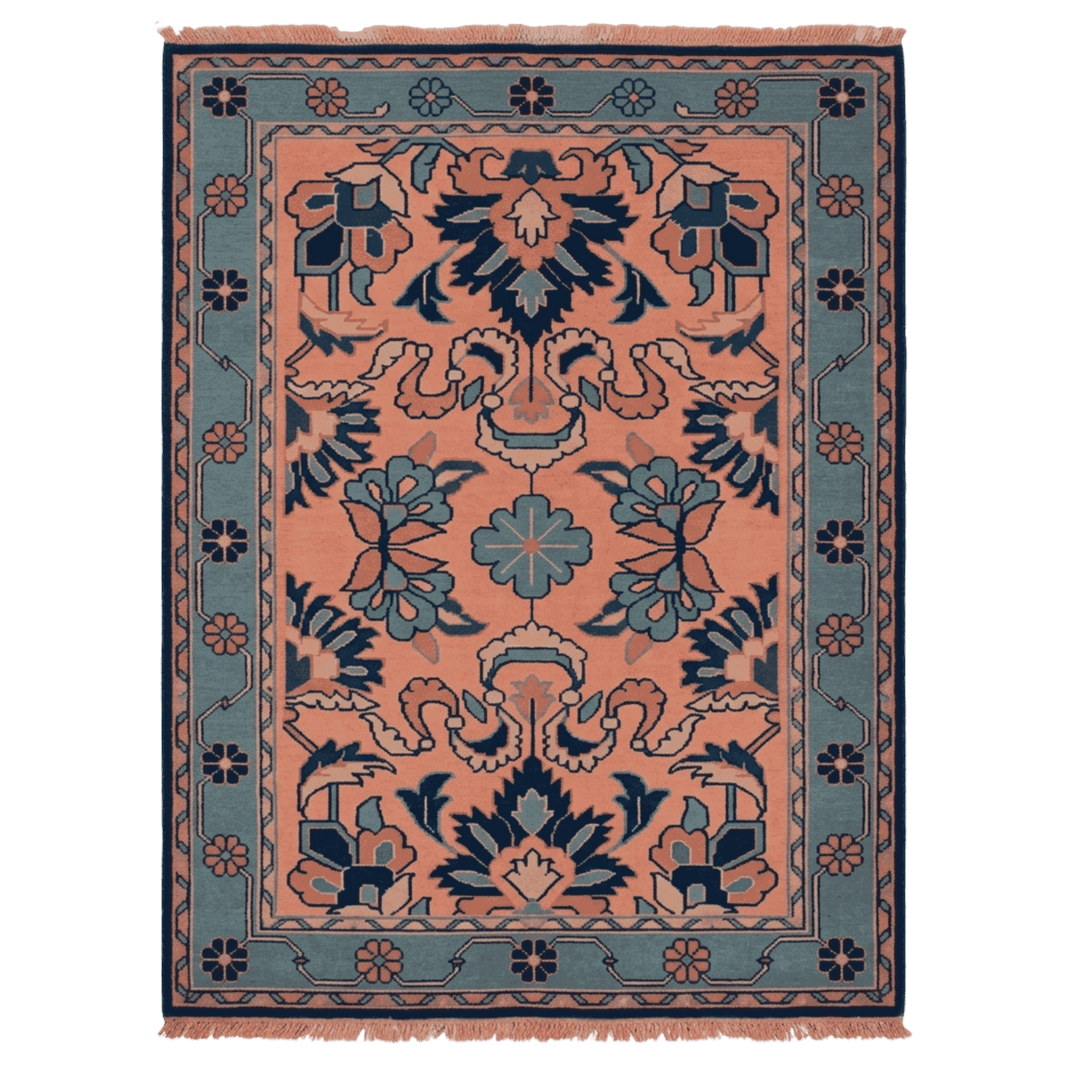Decorative rug with intricate patterns on a plain background