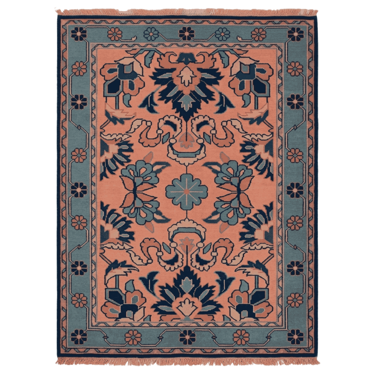 Decorative rug with intricate patterns on a plain background