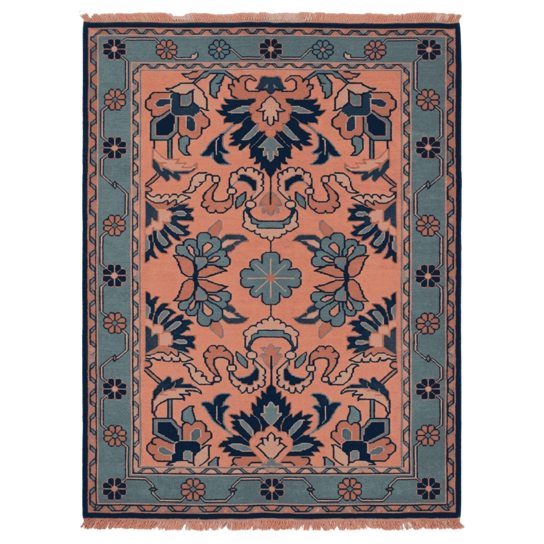 Decorative rug with intricate patterns on a plain background