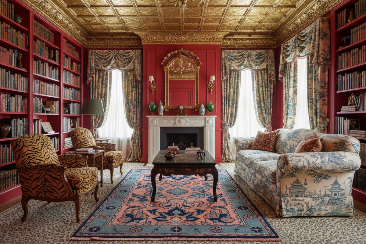 Luxurious living room with red walls, patterned sofa, and ornate decor.