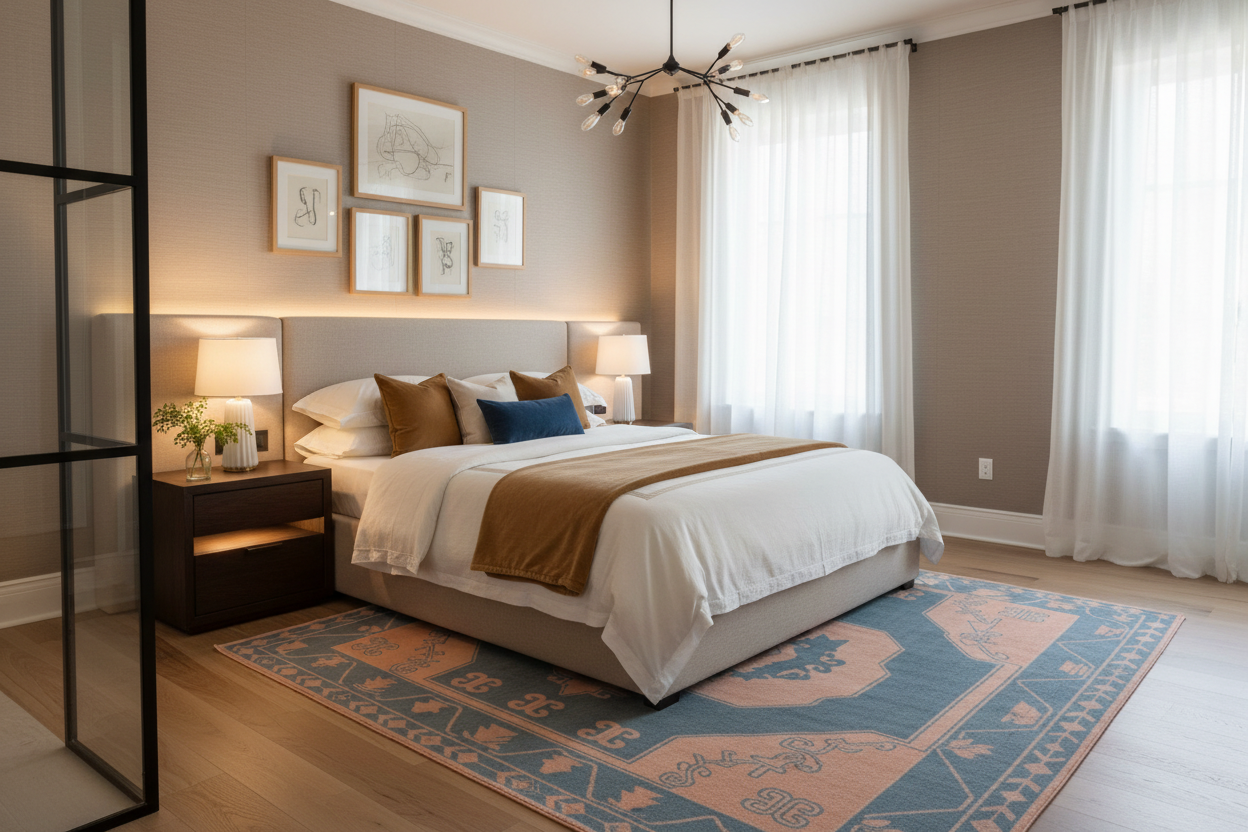 Modern bedroom with a bed, persian rug, nightstands, and decorative elements.