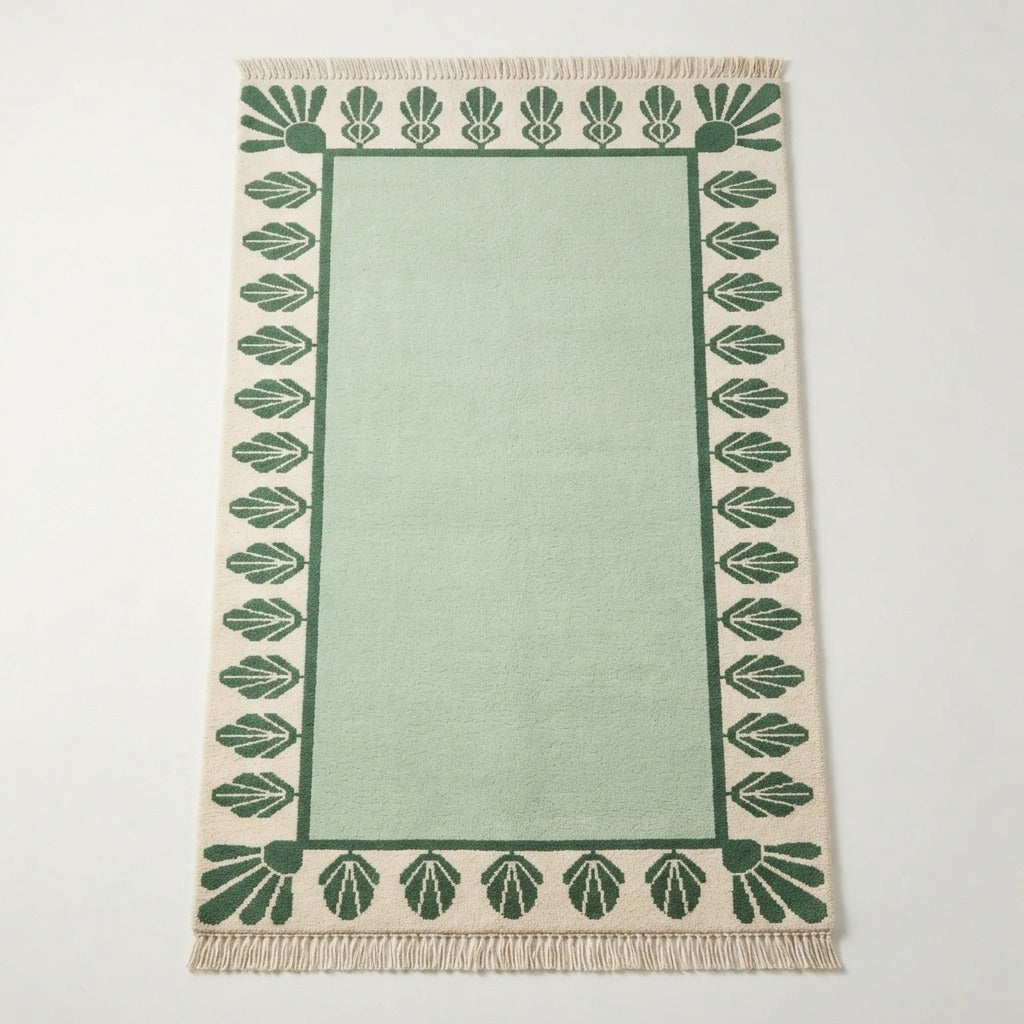 Mint Palmette Frame Hand Knotted Rug - studio photo