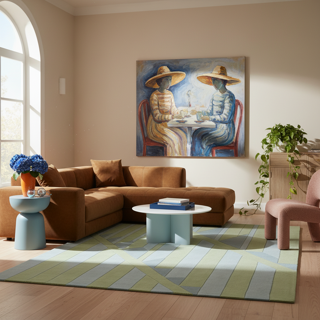 A large framed art print depicting two figures in striped clothing sitting at a table, hung on a beige wall in a modern living room with a brown sectional sofa, light blue coffee tables, and a striped green and blue rug.