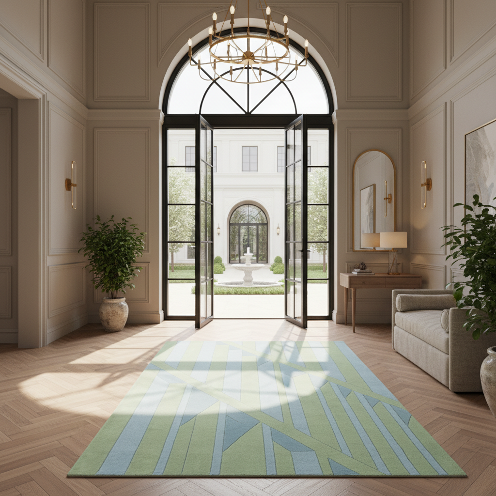 A large rectangular area rug with a geometric stripe pattern in shades of sage green, light blue, and cream is displayed in a grand, elegant foyer with herringbone wood floors and an open glass door leading to a courtyard.