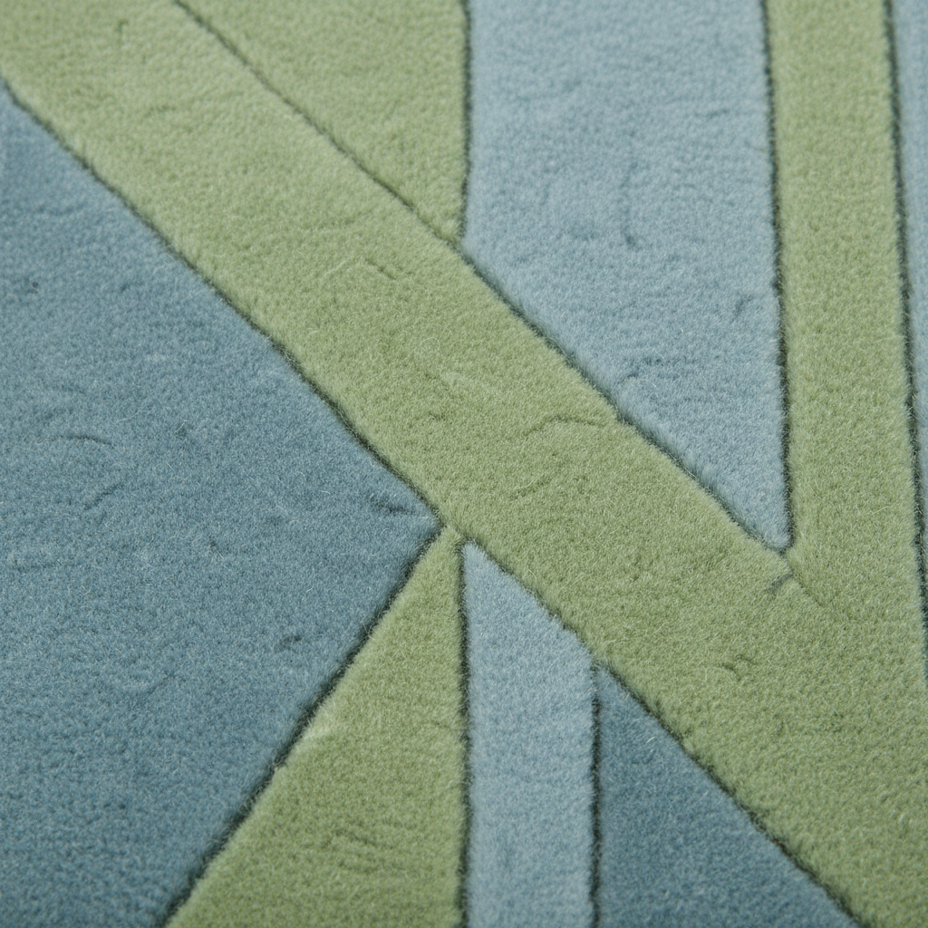 A close-up of a textured fabric or rug with a geometric pattern of intersecting diagonal and vertical stripes in muted sage green and dusty blue-gray.
