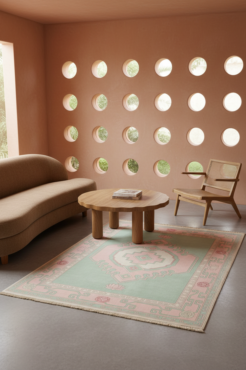 A styled living room scene featuring a rectangular area rug with a pink and sage green medallion pattern, placed on a gray concrete floor. The room has a curved beige sofa, a round wooden coffee table, a wooden armchair, and a terracotta-colored wall decorated with circular cutouts.