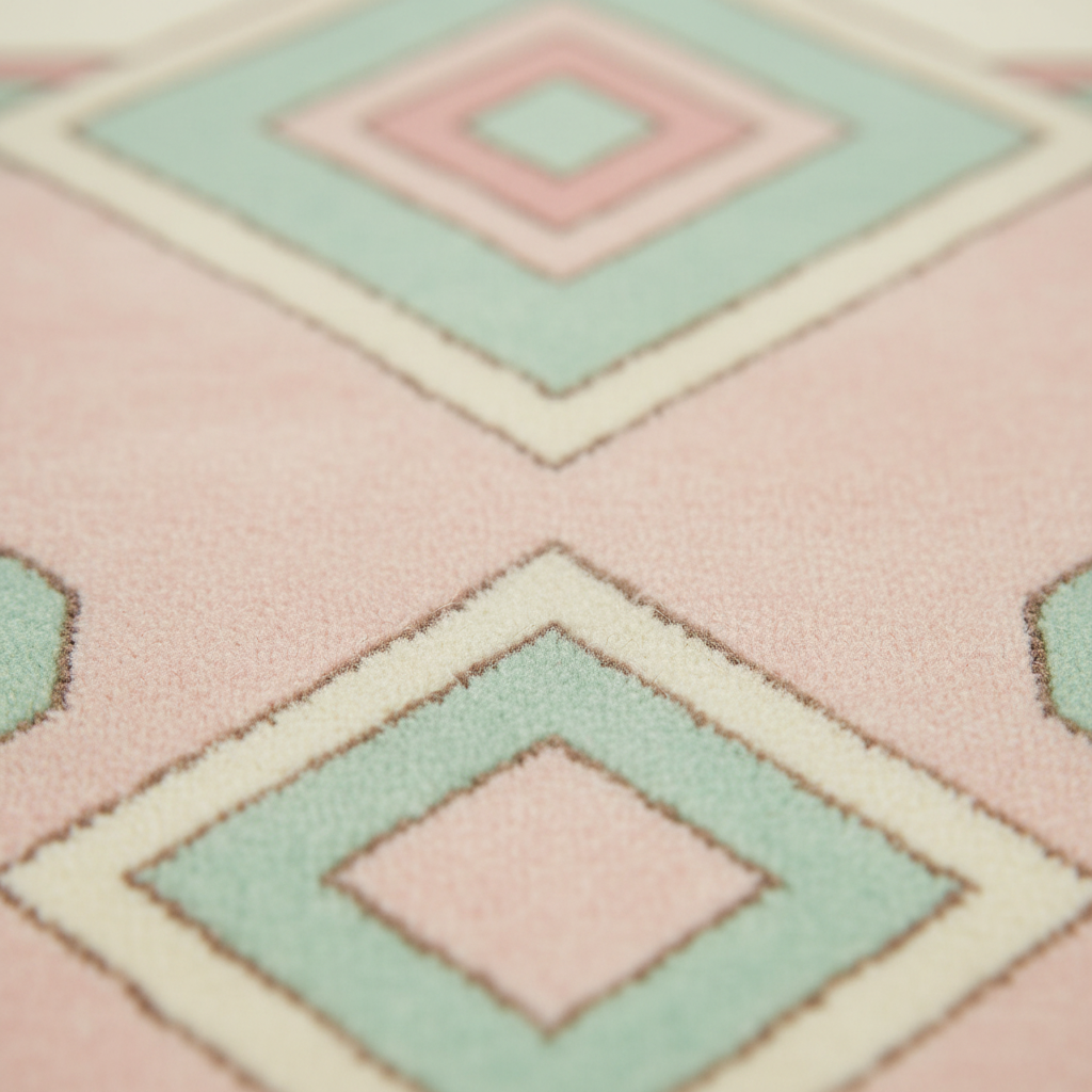Close-up of a textured rug with a geometric diamond pattern in pastel pink, mint green, cream, and light blue.