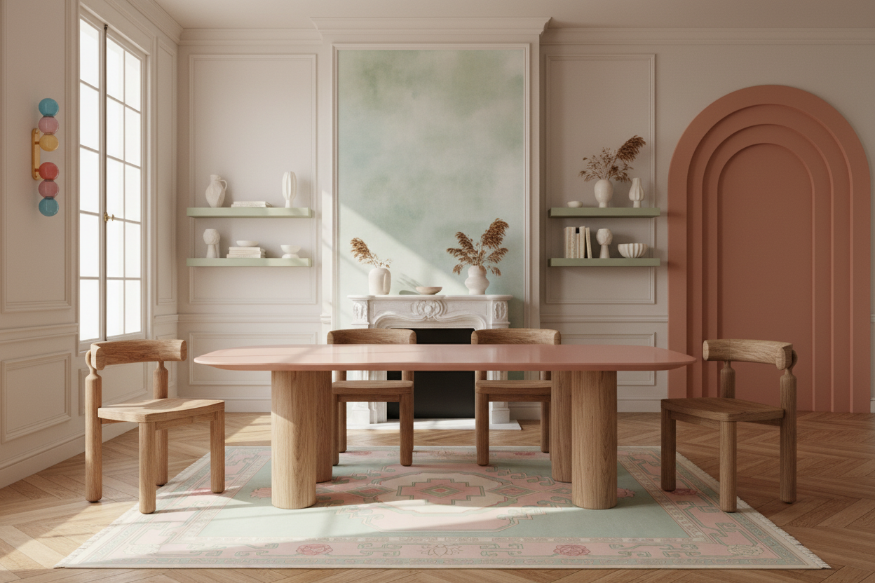 Dining room with green pink rug, wooden table and chairs, shelves, and a fireplace.
