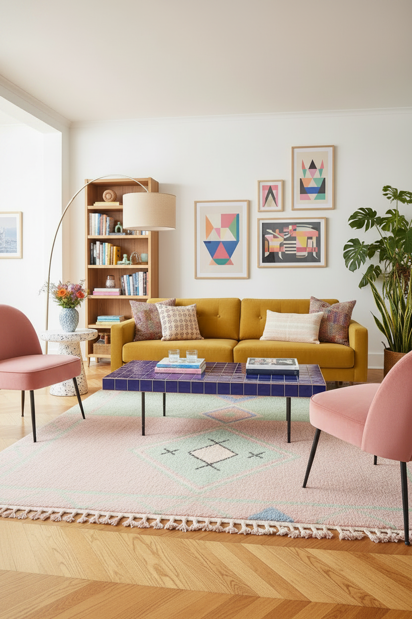 Modern living room with yellow sofa, pink rug, and colorful decor
