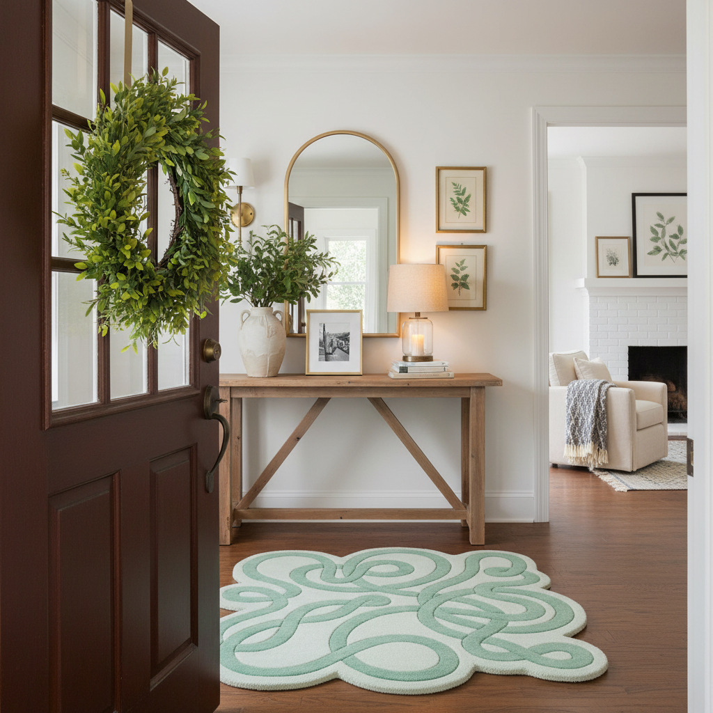 A styled entryway with a light green and white cloud-shaped rug on a dark wood floor, a wooden console table, a green wreath on a dark brown door, and a view into a living room.