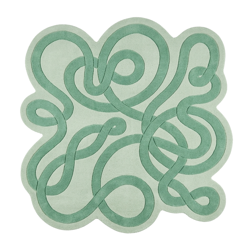 Minted Maze Loop wool rug with a mint green interlocking swirl and loop pattern
