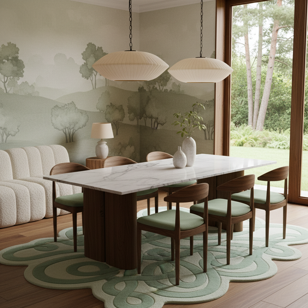 A modern dining room scene with a rectangular white marble-top table surrounded by six wooden chairs with green upholstered seats. The room has a large window looking out onto trees, a cream ribbed sofa, pendant lights, and a pale green patterned rug.