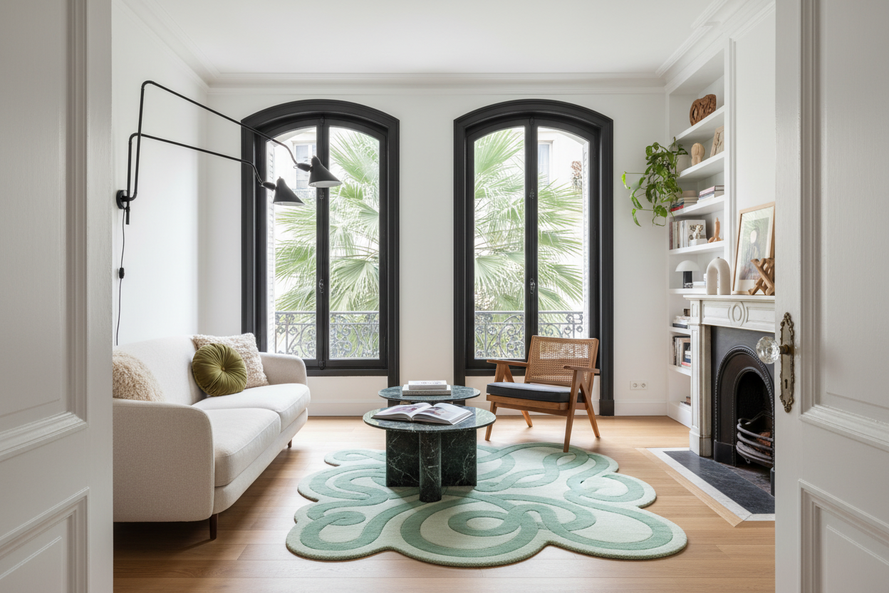 Modern living room with white sofa, green rug, and large windows.