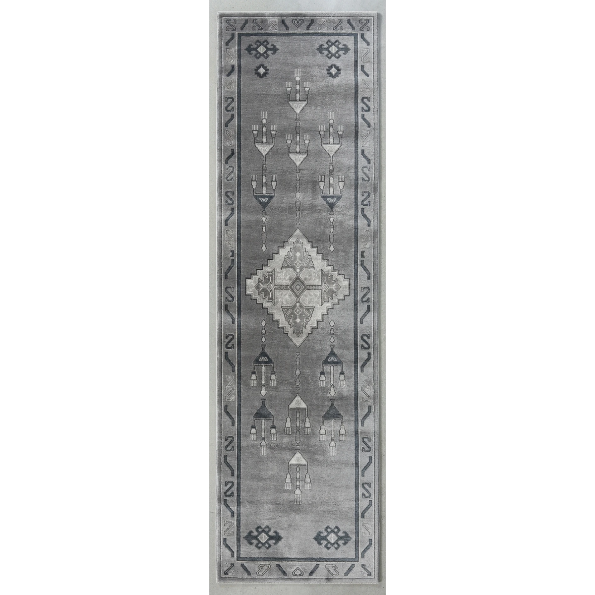 Misty Pewter Lanterns Hand Tufted Runner Rug - studio photo