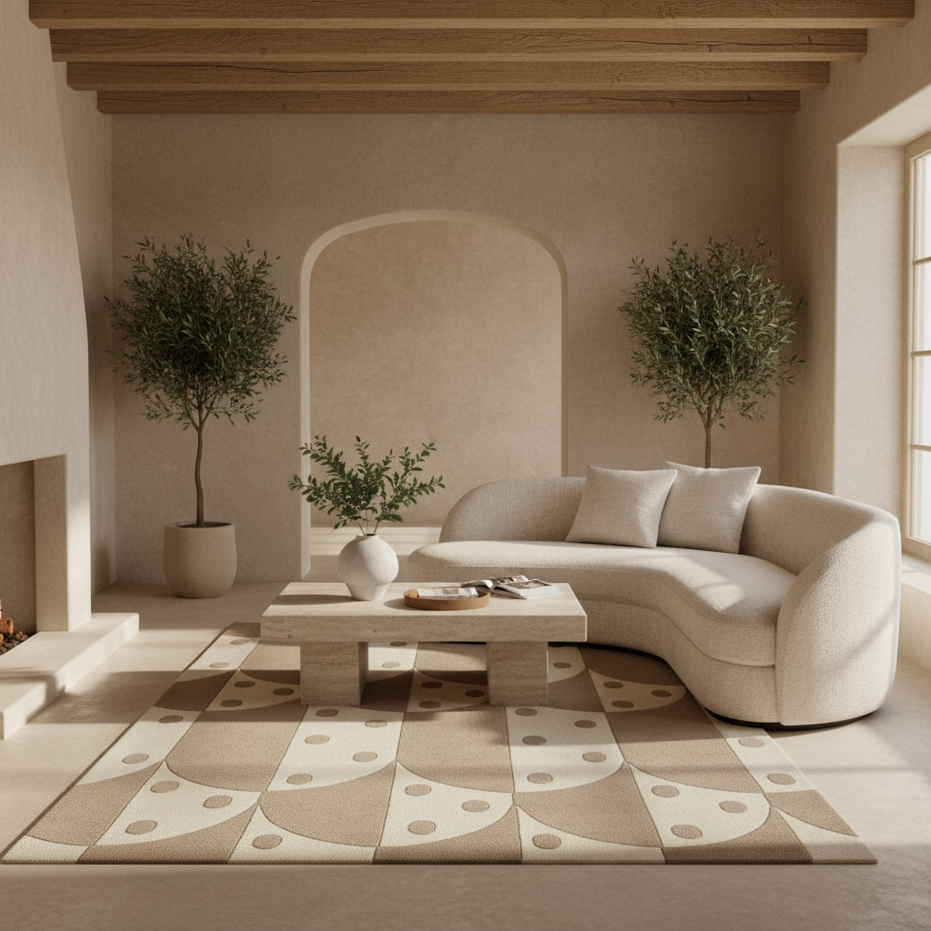 A modern living room scene featuring a curved cream boucle sofa, a low wooden coffee table, a patterned beige and cream rug, and two potted olive trees in a warm, minimalist interior.