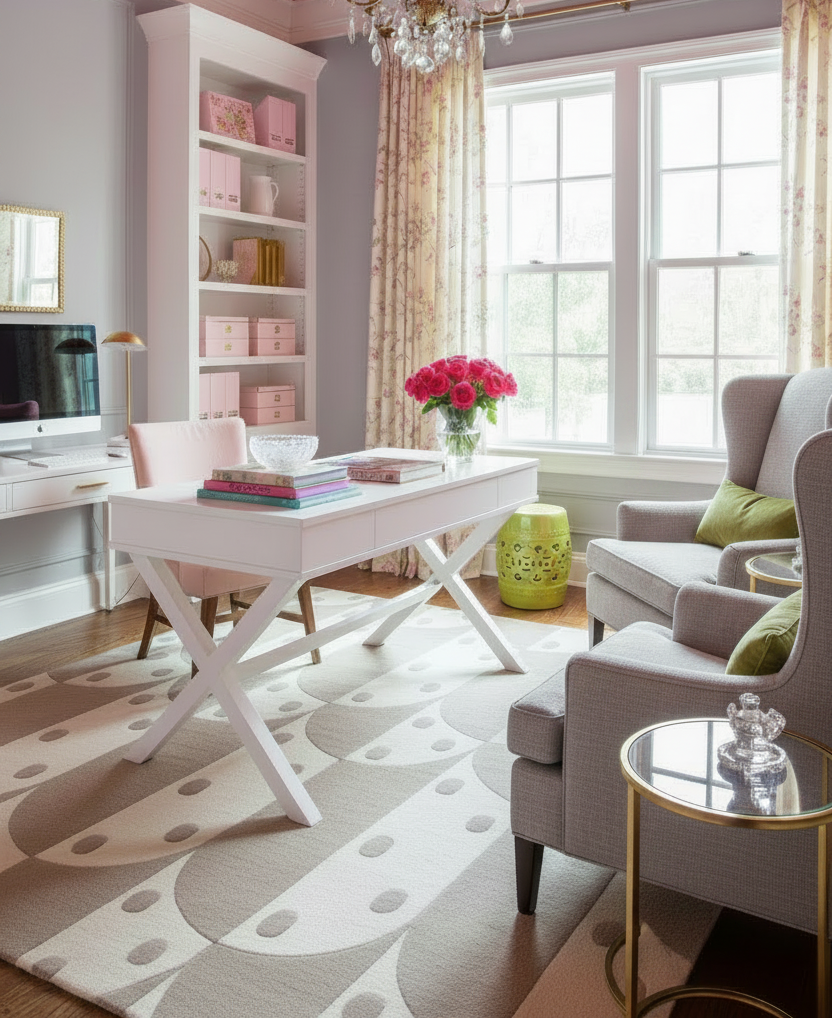 Modern home office with pink ceiling, white desk, and pink sofa.