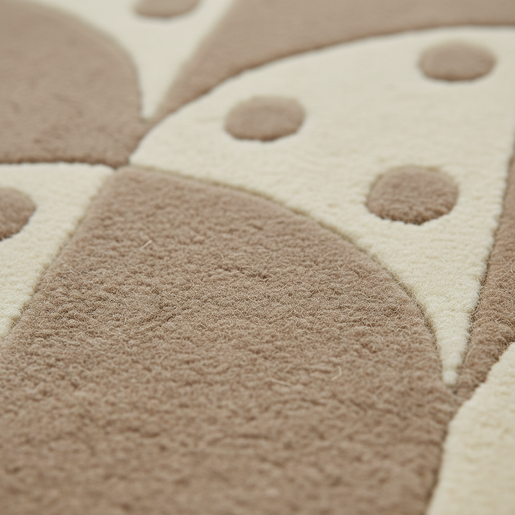 Close-up of a plush textured rug with a geometric pattern in warm taupe and cream.