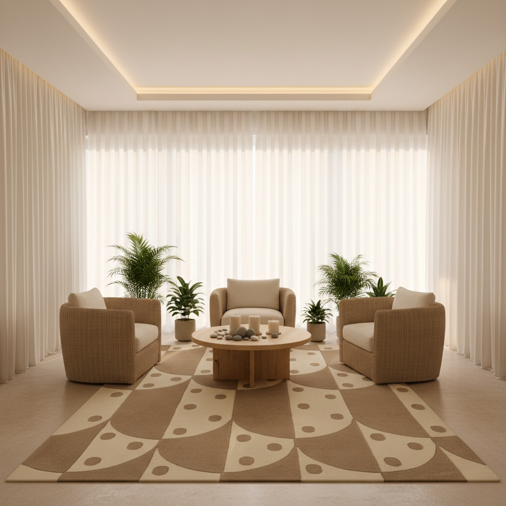 A modern, minimalist living room setup featuring three beige armchairs arranged around a round wooden coffee table on a geometric patterned area rug. The room is decorated with potted green plants and has large, floor-to-ceiling cream curtains under a warm, recessed ceiling with soft LED lighting.