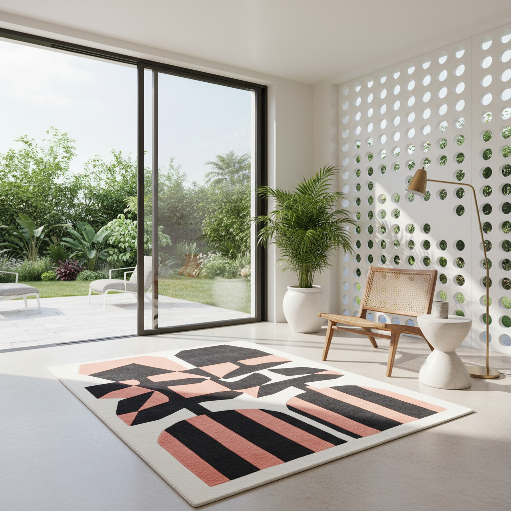 A modern area rug with a geometric pattern of black, pink, and beige stripes on a cream background, styled in a bright, contemporary living room with a view of a garden patio.