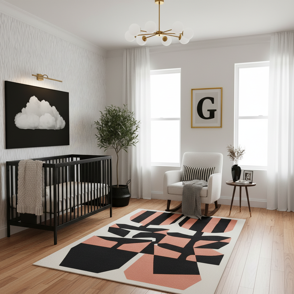 Modern nursery with black crib, abstract floral rug, and armchair.