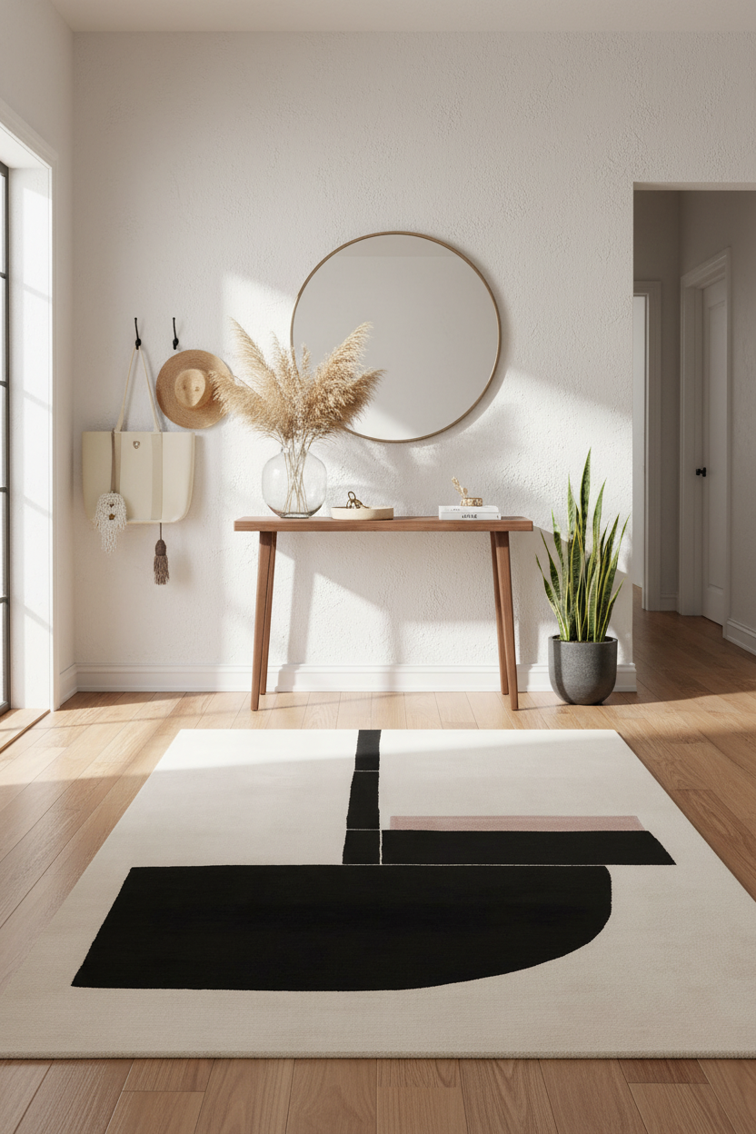 Modern interior with a contemporary rug, console table, and decorative items.