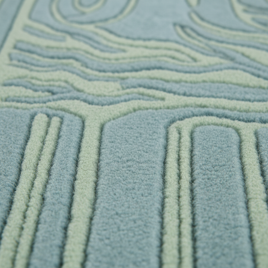 Close-up of a plush textured rug with a light blue and pale mint green abstract pattern.