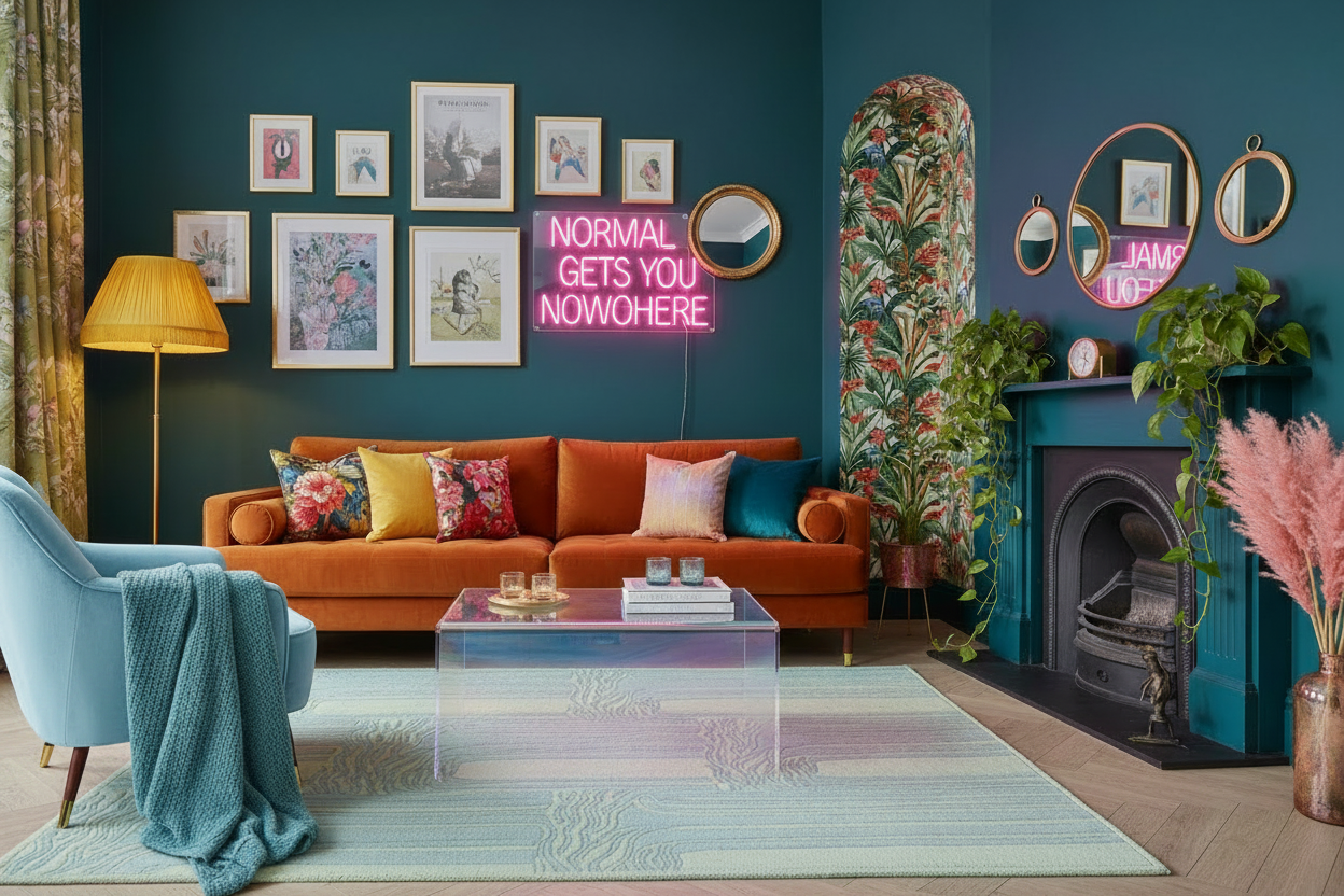 Modern living room with orange sofa, colorful decor, and a neon sign.