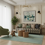 A styled living room interior featuring a striped sofa, a green armchair, a dog on a light wood floor, and a large framed abstract floral print on the wall above the sofa.