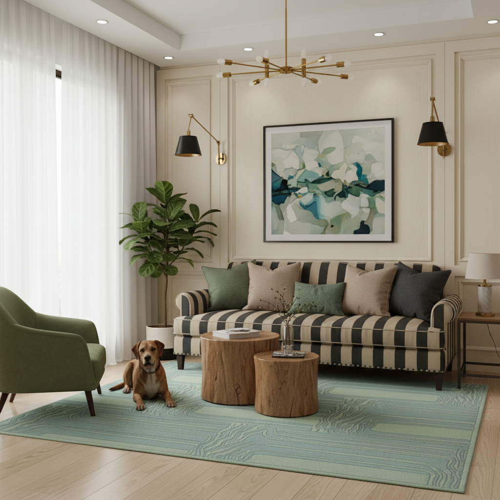A styled living room interior featuring a striped sofa, a green armchair, a dog on a light wood floor, and a large framed abstract floral print on the wall above the sofa.