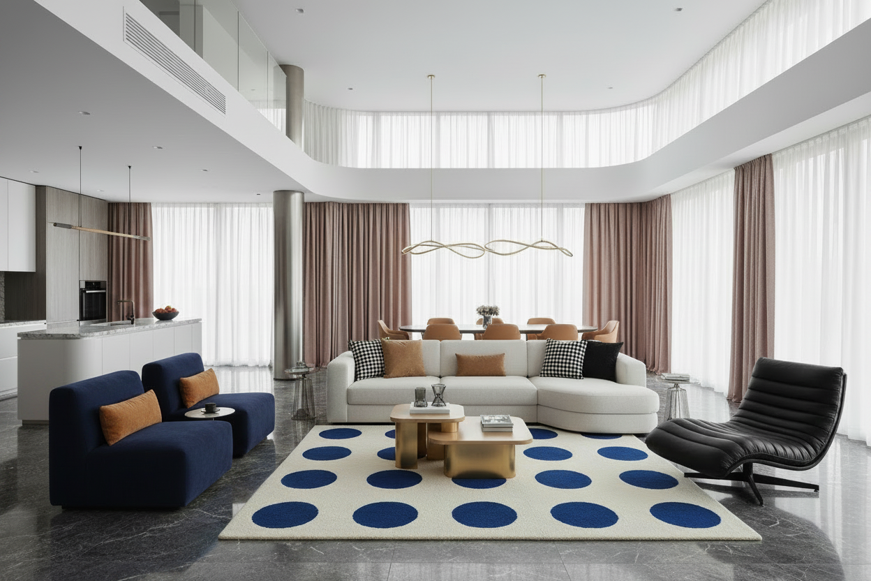 Modern living room with a white sofa, blue armchair, and decorative blue rug.