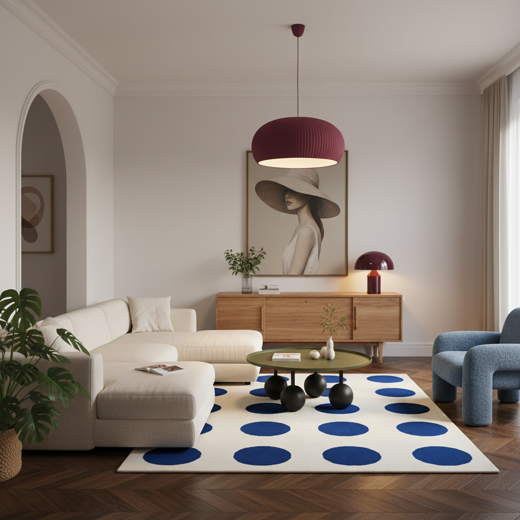 A modern living room featuring a cream sectional sofa, a blue accent chair, a round green coffee table, and a cream rug with large blue polka dots. A wooden sideboard with a large framed art print stands in the background under a dark red pendant light.