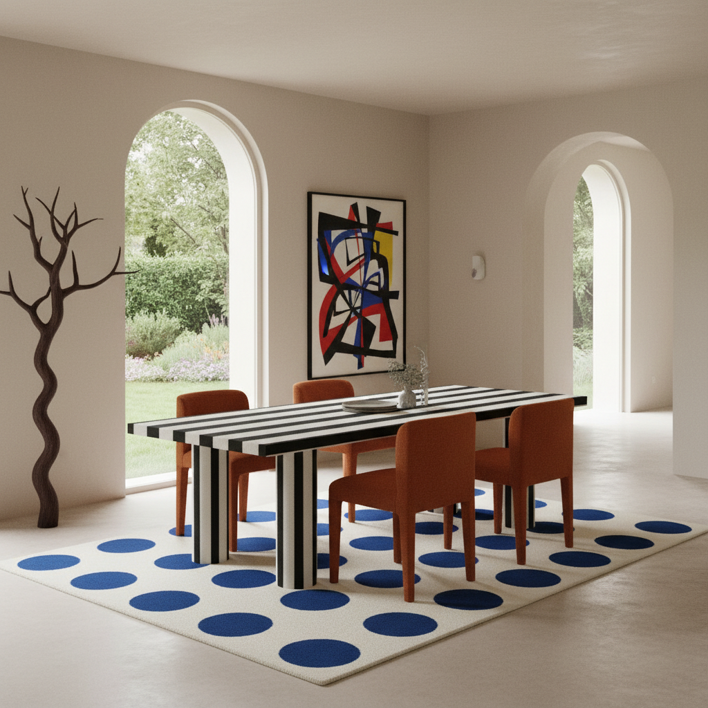 A modern dining room scene with a rectangular table and four orange-brown chairs placed on a cream rug with large blue polka dots. The room has beige walls, arched windows looking out to greenery, and a colorful abstract painting on the wall. A decorative leafless tree stands near the left window.