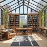 Modern home office with bookshelves, charcoal geometric rug, desk, and cityscape view